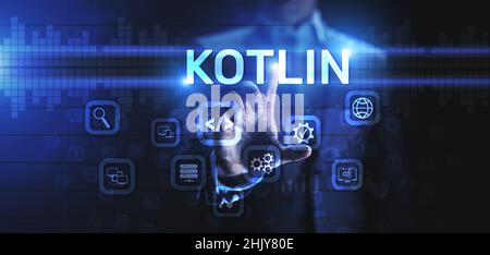 Kotlin Programmiersprache mobile Anwendung Software Entwicklung Konzept auf dem Bildschirm. Stockfoto