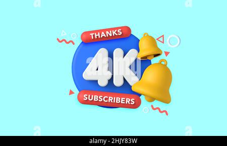 Vielen Dank an 4 Abonnenten. Social Media Influencer-Banner. 3D Rendering Stockfoto