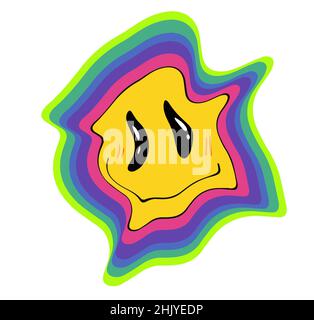 70s Retro groovig schmelzende Smiley Gesichtsillustration mit Regenbogen. Verzerrtes gelbes Gesicht. Hippie groovy Lächeln Charakter. Vektorgrafik Stock Vektor