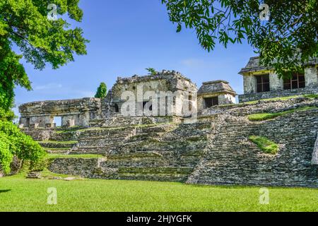 Palast (El Palacio), Mayaruinen, Palenque, Chiapas, Mexiko Stockfoto