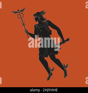 Hermes, Merkur, griechische olympische Gottheit der Kaufleute, Handel, schlauer göttlicher Trickster. Agiler Bote, lächelnder, hübscher junger Mann in Tunika, Helm und Flügel Stock Vektor
