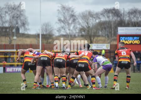 Dewsbury, England - 30. Januar 2022 - Scrum während der Rugby League Betfred Championship Runde 1 Dewsbury Rams vs Bradford Bulls im Tetley Stadium, Dewsbury, UK Dean Williams Stockfoto