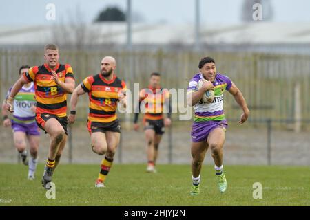 Dewsbury, England - 30. Januar 2022 - AJ Wallace von Bradford Bulls macht während der Rugby League Betfred Championship Runde 1 eine Pause Dewsbury Rams vs Bradford Bulls im Tetley Stadium, Dewsbury, Großbritannien Dean Williams Stockfoto