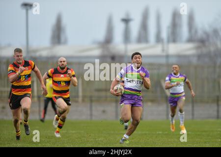 Dewsbury, England - 30. Januar 2022 - AJ Wallace von Bradford Bulls macht während der Rugby League Betfred Championship Runde 1 eine Pause Dewsbury Rams vs Bradford Bulls im Tetley Stadium, Dewsbury, Großbritannien Dean Williams Stockfoto