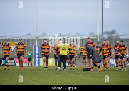 Dewsbury, England - 30. Januar 2022 - Dewsbury Rams Team vor der Rugby League Betfred Championship Runde 1 Dewsbury Rams vs Bradford Bulls im Tetley Stadium, Dewsbury, Großbritannien Dean Williams Stockfoto