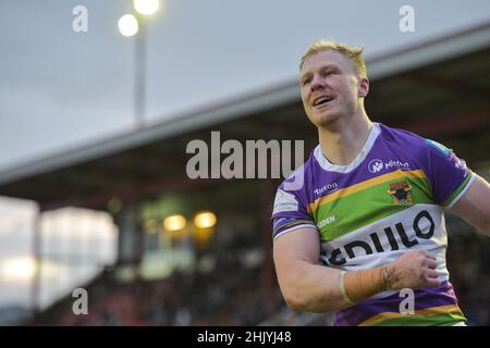 Dewsbury, England - 30. Januar 2022 - Kieran Gill von Bradford Bulls feiert Versuch während der Rugby League Betfred Championship Runde 1 Dewsbury Rams vs Bradford Bulls im Tetley Stadium, Dewsbury, Großbritannien Dean Williams Stockfoto