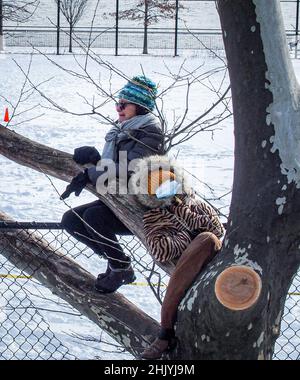 New York, New York, USA. 31st Januar 2022. Protest und Details im East River Park.Demonstranten versammelten sich im East River Park, um zu verhindern, dass Bauarbeiter Bäume abbauen, um am Projekt ESCR - East Side Coastal Resiliency voranzukommen, einem Versuch der Stadt, einen Deich zu bauen, der Hochwasserschutz gewährleisten soll.Laut öffentlichen Plänen Eine 1,2 Meilen lange Mauer mit einem abgeruteten Park über einer Fläche von 8 Fuß wird den East River säumen, was das Ausstoßen von geschätzten 1000 Bäumen entlang des Flussufers erfordert. Letztes Jahr im Dezember wurden die Cherry- und London-Platanen des südlichen Teils des Parks, ein geschnitten Stockfoto