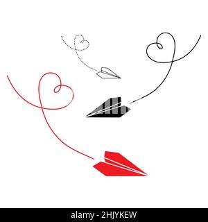 Satz aus drei Vektorgrafiken von Papierebenen-Symbolen Valentinstag. Skizzieren Sie einfache und Silhouette Papier Flugzeug mit Herz Route isoliert Stock Vektor