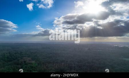 Die Wintersonne bricht durch die Wolken, erleuchtet die in der Kälte gefrorenen Bäume und Felder mit ihrem schwachen Licht. Hochwertige Fotos Stockfoto