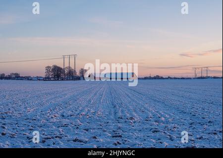 Scheune in flachem, schneebedecktem Farmfeld in Skåne (Scania) Schweden bei Sonnenuntergang Stockfoto