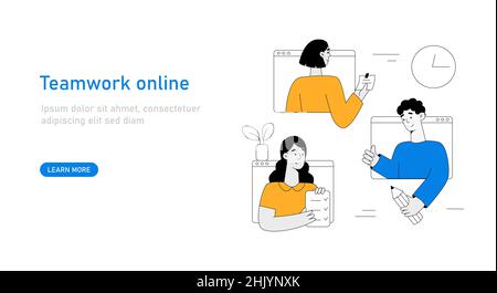 Geschäftsleute arbeiten online zusammen. Ein Mann und eine Frau unterzeichnen einen Vertrag. Teammetapher und Geschäftslösung. Teamwork-Konzept. Gliederung Stock Vektor