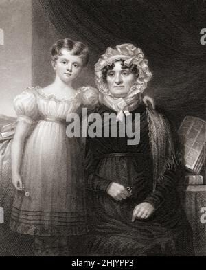Jean Armor, 1765 - 1834. Schottische Frau des Dichters Robert Burns. Sie gab Burns neun Kinder, von denen nur drei bis ins Erwachsenenalter überlebten. Das Mädchen, das neben Mrs. Burns steht, ist eines ihrer Enkelkinder. Nach einem Stich von William Holl. Stockfoto