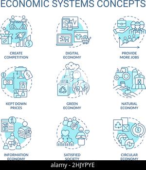 Wirtschaftssysteme türkis Konzept Icons gesetzt Stock Vektor