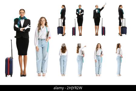 Collage mit jungen Mädchen, Stewardess und Designerin, die isoliert auf weißem Hintergrund stehen. Profil-, Vorder- und Rückansicht. Stockfoto