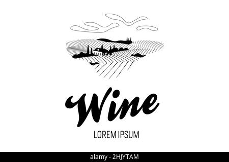 Weinberg Wein Traube Hügel Bauernhof Logo Konzept. Alkohol-Label romantische ländliche Landschaft an sonnigen Tagen mit Villa, Weingärten, Plantagenhügel, Bauernhöfe, Wiesen und Bäume. Vector eps monochromes Logo Stock Vektor