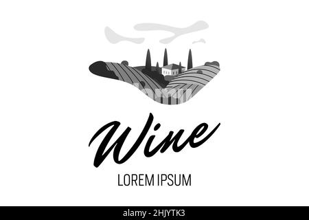 Weingut Wein Traube Hügel Bauernhof Logo Konzept. Romantische ländliche Landschaft an sonnigen Tagen mit Villa, Weingärten, Plantagenhügeln, Bauernhöfen, Wiesen und Bäumen. Vector eps schwarz-weiß kreatives Logo Stock Vektor