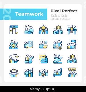 Teamwork Pixel Perfect RGB-Farbsymbole eingestellt Stock Vektor