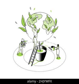 Greening the Planet - Moderne Linie Isometrie Design Stil Illustration. Detailreiches Bild mit männlichen, weiblichen Charakteren, die Bäume auf der Erde wachsen. Wasser Stock Vektor