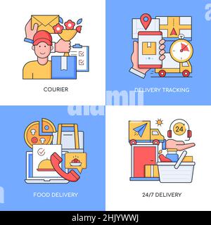 Lieferservice - Set von Line-Design-Stil bunte Illustrationen. Vier detaillierte Bilder zum Thema Kurier und Bestellung von Produkten. Tracking-Anwendung, Stock Vektor