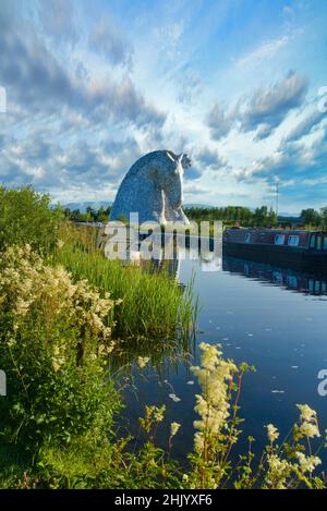 Die Kelpies mit hellen und bunten wilden Blumen am Forth und Clyde Canal Ufer. Helix Public Park, Falkirk, Stirlingshire, Central, Schottland, VEREINIGTES KÖNIGREICH. Stockfoto