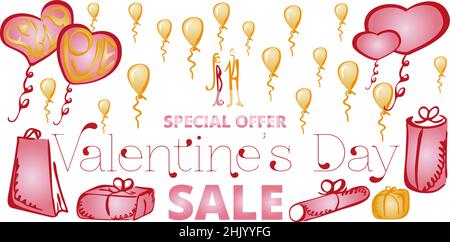 Happy Valentines Day Sale Banner. Rahmen mit roten und rosa Geschenke, Herz-Ballons und goldenen Ballon Hintergrund. Tapete, Flyer, Poster, Broschüre Stock Vektor