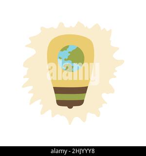 Earth Hour. Glühbirne mit einem Planeten im Inneren. Rette den Planeten. Bunte handgezeichnete Vektor isolierte Illustration Stock Vektor