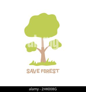 Grüner Baum mit sich ausbreitenden Ästen und Gras. National Forest Day. Speichern Sie die Waldbeschriftung. Konzept der Erhaltung der Natur. Farbenfrohe handgezeichnete Vec Stock Vektor