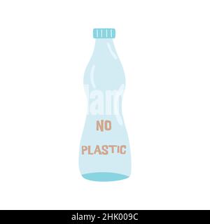 Plastikflasche mit Aufschrift kein Kunststoff. „Save Planet“-Konzept. Bunte handgezeichnete Vektor isoliert Illustration Symbol Clip Art Stock Vektor