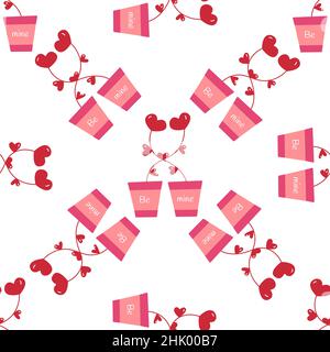 Blumentöpfe mit nahtlosem Muster. Pflanzen sind miteinander verflochten. Blüht in Herzform. Text Be meins. Valentinstag. Farbenfroher Vektor il Stock Vektor