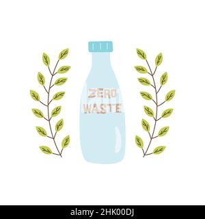 Plastikflasche mit Aufschrift Null Abfall und grünen Ästen auf der Seite. „Save Planet“-Konzept. Farbenfrohes, handgezeichnetes Vektorsymbol für isolierte Illustrationen Stock Vektor