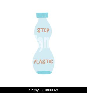 Plastikflasche mit Aufschrift Stop plastic. „Save Planet“-Konzept. Bunte handgezeichnete Vektor isoliert Illustration Symbol Clip Art Stock Vektor