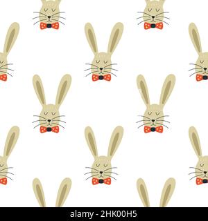 Nahtloses Muster. Niedliches Häschen mit Fliege. Graues Kaninchen, Wald wild flauschiges Tier. Farbenfrohe Vektorgrafik von Hand gezeichnet. Weißer Hintergrund Stock Vektor