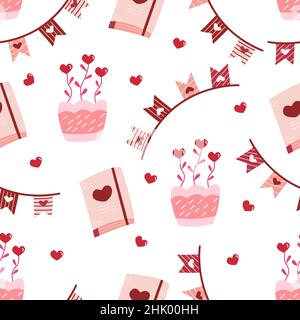 Nahtloses Muster. Blumen im Topf, persönliches Tagebuch und Fahnen mit Herzen. Valentinstag. Februar 14th. Rote und rosa Farbe. Vektorgrafik Hand dr Stock Vektor