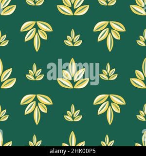 Nahtlose Muster abstrakte Lotusblume. Gelbe und grüne Farbe der Blütenblätter. Symbol für Spiritualität, Yoga und Meditation. Grüner Hintergrund. Bunte Vect Stock Vektor