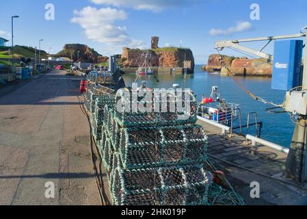 Blick nach Westen über Dunbar Harbour zu den alten historischen Burgruinen. Schöner klarer Tag. East Lothian, Schottland, Großbritannien Stockfoto