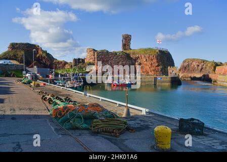 Blick nach Westen über Dunbar Harbour zu den alten historischen Burgruinen. Schöner klarer Tag. Bunte Fischerboote. East Lothian, Schottland, Großbritannien Stockfoto