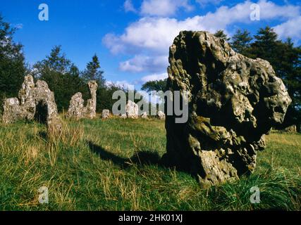 Blick nach Nordosten entlang des N-Bogens des Rollright Stones Late Neolithic Stone Circle (The King's Men), Oxfordshire, England, Großbritannien. Ursprünglich 100+ Kalksteinsäulen Stockfoto