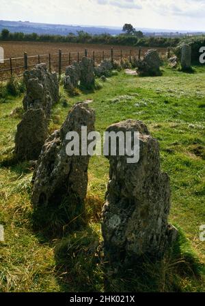 Sehen Sie S entlang des E-Bogens des Rollright Stones Late Neolithic Stone Circle (The King's Men), Oxfordshire, England, Großbritannien. Ursprünglich 100+ Kalksteinsäulen. Stockfoto