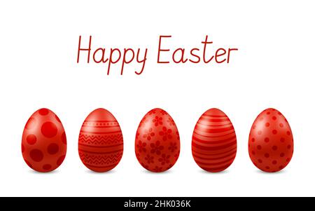 Vektor Glückliche Ostern Grußkarte mit realistischen Eiern isoliert. Fünf rot glänzende Ostereier aus Metall. Text-Frohe Ostern. Selbstgemachte Schriftart. 3D Abbildung Stock Vektor