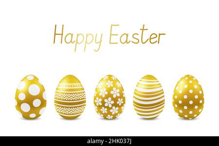 Vektor Glückliche Ostern Grußkarte mit realistischen Eiern isoliert. Fünf goldene glänzende Metall-ostereier. Text-Frohe Ostern. Selbstgemachte Schriftart. 3D illustrati Stock Vektor