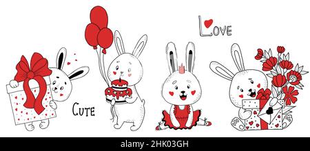 Niedliches Kaninchen-Character-Set. Liebeshase mit Blumenstrauß, Brief und Geschenk, mit Schachtel, Kuchen und Luftballons, Bunny Ballerina in Kleid und Krone. Vektorgrafiken Stock Vektor