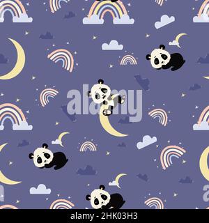 Nahtloses Muster. Niedlicher schlafender Panda und verspieltes Bärenjunge auf Mond auf purpurem Hintergrund mit Regenbögen, Wolken und Sternen. Vektorgrafik. Kinder kol Stock Vektor