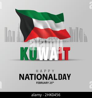 25th. Februar glücklicher Nationalfeiertag Kuwait mit wehender Flagge. vektor-Illustration Design Stock Vektor