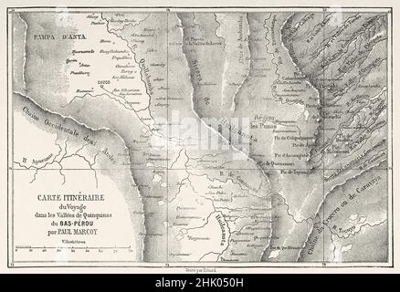 Alte Reiseroute Karte der Reise in den Quinquinas Tälern im Süden Perus. Südamerika. Alte, 19th. Jahrhundert gravierte Illustration von der Reise durch Südamerika von Paul Marcoy, Le Tour du Monde 1870 Stockfoto