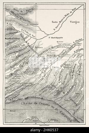 Reiseroute Karte der Reise in den Quinquinas Tälern im Süden Perus. Südamerika. Alte, 19th. Jahrhundert gravierte Illustration von der Reise durch Südamerika von Paul Marcoy, Le Tour du Monde 1870 Stockfoto