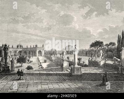 Terrassen mit Statuen und Galerien der Villa Albani. Villa Albani-Castelbarco, Rom. Italien, Europa. Alte, gravierte Illustration aus dem 19th. Jahrhundert von Francis Wey, Le Tour du Monde 1870 Stockfoto