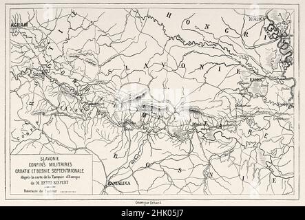 Karte die slawonische Militärgrenze an der kroatischen Militärgrenze und Nordbosnien, Europa. Alte, gravierte Illustration aus dem 19th. Jahrhundert von der Reise zu den Südslawen von Georges Perrot, Le Tour du Monde 1870 Stockfoto