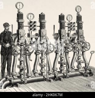 Das pneumatische Telegrafennetz, das pneumatische Rohrsystem im Central Telegraph Office in Paris, Frankreich. Europa. Alte, gravierte Illustration aus dem 19th. Jahrhundert von La Nature 1884 Stockfoto