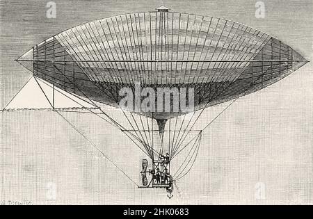 Elektrischer Aerostat mit Propeller von Tissandier Freres, 26. September 1884, Frankreich. Europa. Alte, gravierte Illustration aus dem 19th. Jahrhundert von La Nature 1884 Stockfoto