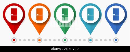 Kühlschrank, Konzept-Vektor-Icon-Set für Kühlschränke, flache Designzeiger, Infografik-Vorlage Stock Vektor